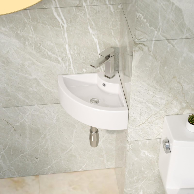 Lordear Wall Mount Corner Bathroom Sink 18 Inch White Ceramic