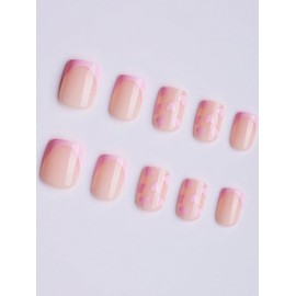 24-Piece Press On Nails, Square Short French Tips with Pink Hearts, Artificial Nails