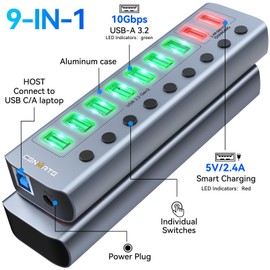 Powered USB 3.2 Hub, CENMATE 9 Ports USB Splitter (7×USB 3.2 Ports+2×2.4A Charging Ports), Individual On/Off Switches, DC 12V Adapter, Aluminum USB C Hub for Laptop, PC
