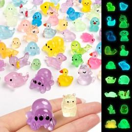 GRESEESM 100pcs Luminous Mini Resin Animals Tiny Animals to Hide Miniature Figurines Mini Ducks Axolotl Spiders Alpacas for Fairy Garden Accessories Dollhouse Landscape Decor
