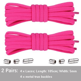 Olukssck 2 Pairs of Elastic Shoelaces with No Tying - Quick Lacing System with Metal Lock, Set for Runners, Children, 105 cm Length, Diameter 5 mm, Dark Pink