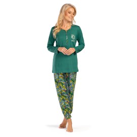 DW528B Women's Long Sleeve Cotton Button Down Pyjamas, Green