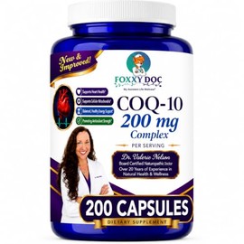 Foxxy Doc CoQ10 - Coenzima Q10 - 200 mg - Sin OMG - Suplemento para el corazón, cerebro y células - 200 cápsulas