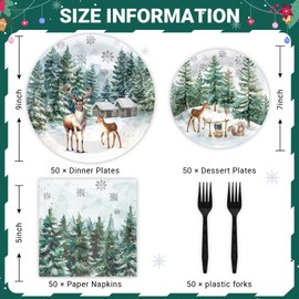 200 PCS Christmas Winter Plates and Napkins Hello Tableware Set Disposable Christmas Holiday Dinnerware Set Forest Snow Pine Trees elk for Xmas Holiday Birthday Party Decoration Supplies for 50 Guests