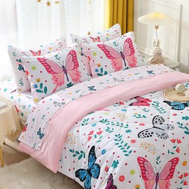 Jameswish Jameswish Girls Butterfly Comforter Set Full Size 7 Piece Bed in A Bag Colorful Flowers Leaves Bedding Set for Kids Teens Super Soft All Season