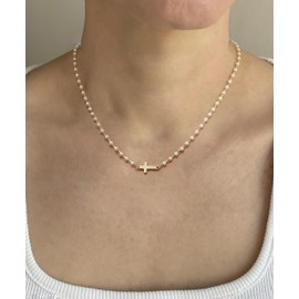 Sargetou Gold Cross Chain Necklace for Women 14K Plated Gold Cross Necklace Dainty Cross Pendant Necklace Sideways Cross Necklace for Women