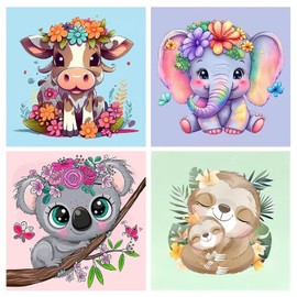 LOITTAINUE Paint by Numbers 4 Pieces from 5 6 7 8 9 Years Girls and Boys - DIY Painting by Numbers Animals for Children and Beginners with Brush and Acrylic Paints 20 x 20 cm (W)