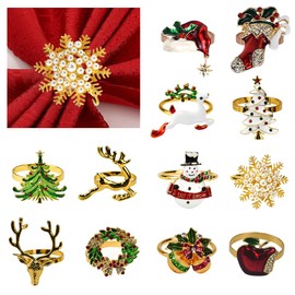 ADERTOS Pack of 12 Napkin Rings Christmas Gold Metal Napkin Ring Deer Elk Shape Napkin Rings Vintage Snowflakes Christmas Trees Napkin Ring Table Decoration for Wedding, Dining Table, Decoration