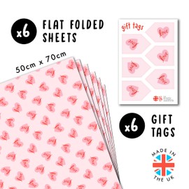 Hearts Wrapping Paper - 6 Sheets Wrapping Paper for Men and Women - Love Hearts - Pink Wrapping Paper for Anniversary, Wedding, Valentine's Day - Recyclable - by Central 23