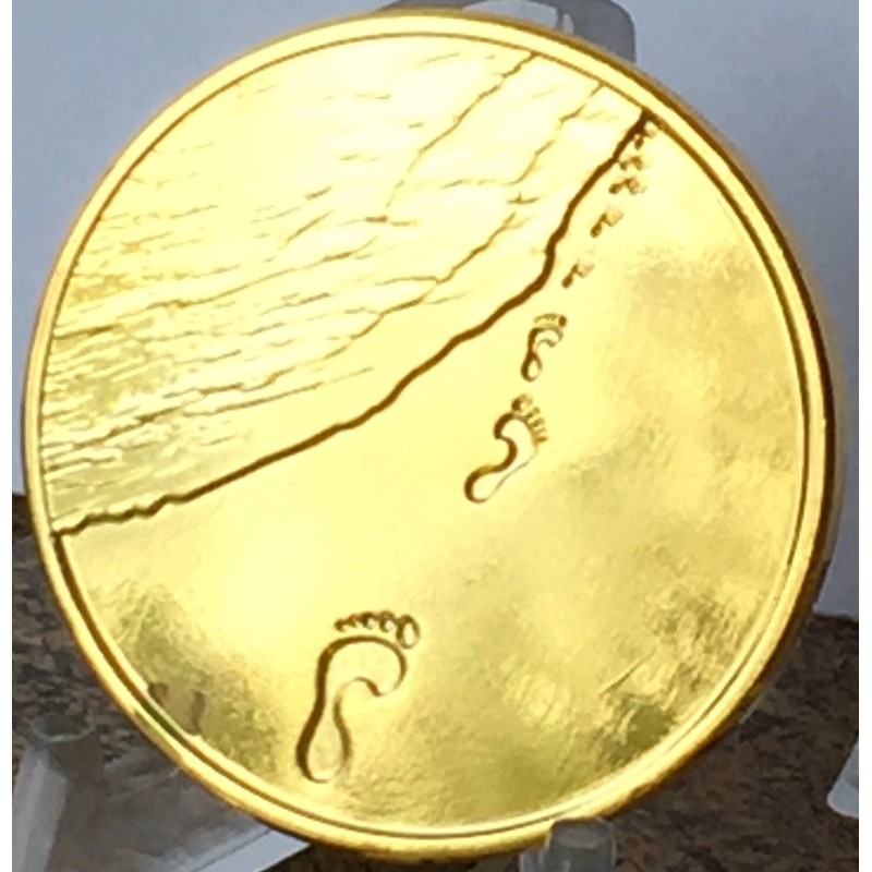 Foot Prints in The Sand Gold Tone Medallion Spiritual Chip
