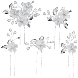 5 Stück Hochzeit Haarnadeln, Weiße Perle Haarnadeln, Silber Braut Haarschmuck, Blumen Perlen Braut Haarschmuck, für Frauen Mädchen