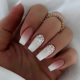 IMSOHOT Long Coffin Press on Nails Pink White Gradient Fake Nails Glitter Ballerina False Nails Glossy Full Cover Acrylic Nails Glue on Nails for Women 24pcs
