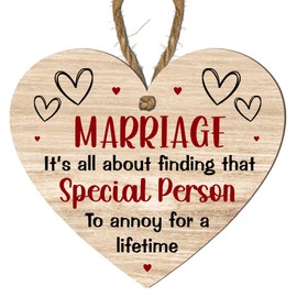 Humorous Marriage Plaque – "Marriage: It’s All About Finding That Special Person to Annoy for a Lifetime" – Quirky Heart-Shaped Wooden Wall Sign – MDF Home Décor Gift for Couples or Newlyweds