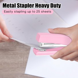 Stapler 25 Sheet Capacity with 1000 Staples and Staple Remover - Staplers for Desk, Non-Slip Office Stapler with Staples for Office, Pink
