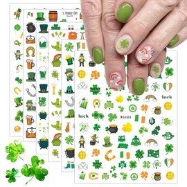 6Sheets St. Patrick's Day Nail Art Stickers - Green Shamrocks 3D Self-Adhesive Dwarf Hat Nail Design Decals for Women Girls DIY Decoration - Luck of The Irish
