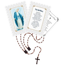 Brown Scapular Catholic Necklace Rosary - Brown Catholic Scapular Necklace, Laminated Hail Mary Prayer Card, Lord's Prayer Card - Corded Brown Scapular Bead Rosary, Escapulario Catolico - 3 Items Set