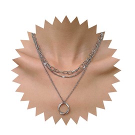 Allereya Vintage Layered Circle Pendant Necklace Matte Circle Choker Necklace Silver Eternity Circle Necklace Punk Paperclip Chain Necklace Jewelry for Women and Girls