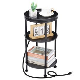 ZEXVIDA Small Round Side Table with Charging Station for Small Spaces, 3-Tier Accent Table with USB Ports & Power Outlets, Sofa Corner Tea Table for Living Room Nightstand Bedroom Apartment (Black)