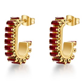 FRUMOS Gold Earrings for Women Girls,14K Gold Plated Hoop Earrings with 925 Sterling Silver Post Cubic Zirconia Huggie Earrings| CZ Stud Earring (Red CZ C Shape Earrings)