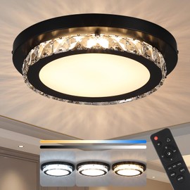 Yuniexuber Dimmable LED Flush Mount Ceiling Light Fixture with Remote Control,12Inch 24W 3000K-6500K Color Adjustable,Modern Black Crystal Flush Mount Chandelier Ceiling Lamp for Bedroom Kitchen