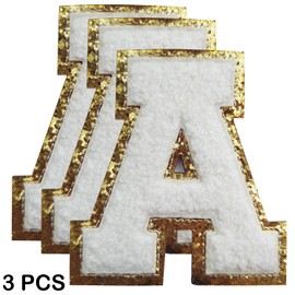 3Pcs Letter Patches Varsity Glitters Chenille,SPRT Iron on White Letter Patch,Alphabet Cloth Patch for Team Costume Decoration 3.1in Height A(3 Pieces)