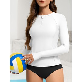 American Trends Womens Long Sleeve Rash Guard 2025 Modest One Piece Swimsuits, Zip Up High Neck Full Coverage Bathing Suits, White, Medium