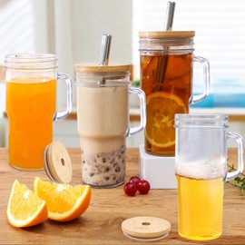 Glass Cups with Lids and Straws - 24oz glass tumbler with bamboo lids and straw Boba Cup
