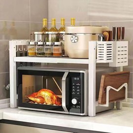 Homgertu 2-Tier Expandable Microwave Stand, Extendable Microwave Oven Rack with Storage Shelf Heavy Duty with 6 Hooks and Chopsticks Cutting Board Tools Holder for Kitchen(15.7~24.8" L)