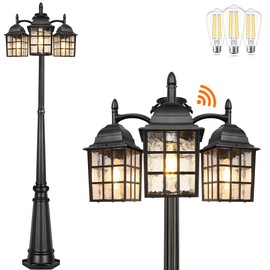 PARTPHONER Dusk to Dawn Outdoor Lamp Post Lights, Aluminum Black Light Pole Water Ripple Glass Shades, 3-Head Hardwired Waterproof Outside Street Lights for Backyard Garden (3 LED Bulbs Included)