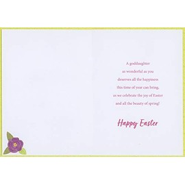 Designer Greetings Purple Flowers, Blue and Yellow Butterflies Bordering White Egg Goddaughter Easter Card