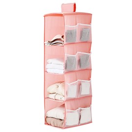 XiXiRan Hanging Shelf Wardrobe, 4 Compartments Hanging Organiser Cabinet with 12 Mesh Side Pockets for Family Cupboard Bedroom, Foldable and Universal Fit 30 x 22.5 x 80 cm (Pink)