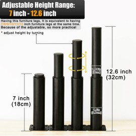 Metal Adjustable Furniture Legs 7-12.6 inch, Wlrrcwdttc Bed Support Legs Adjustable Height Cabinet Legs for Bed Frame/Sofa/Dresser/Couch/Chair/Table,Bed Replacement Legs Bed Center Slats Legs Set of 4