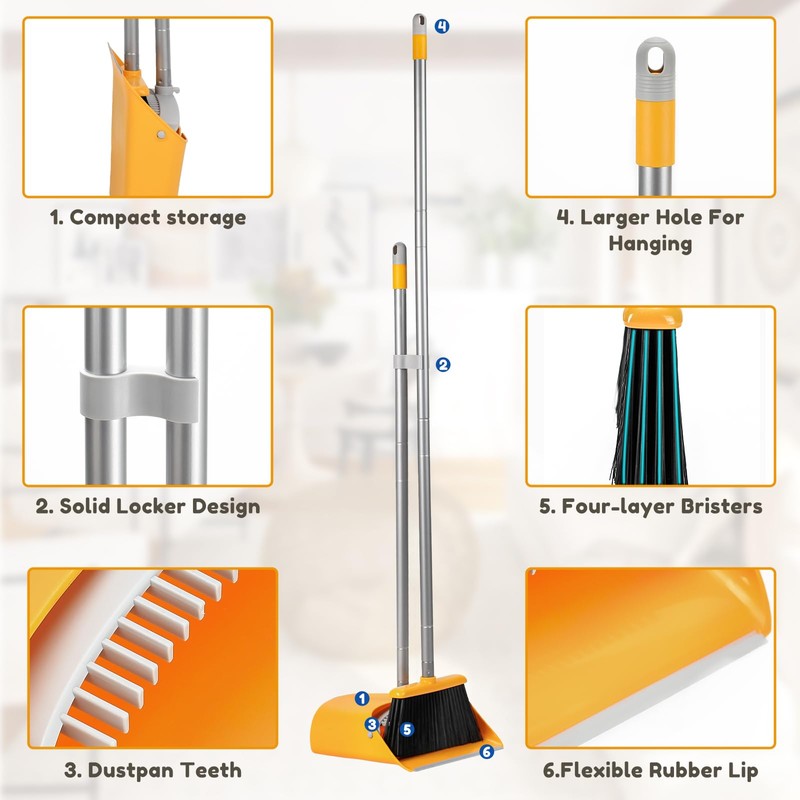 SONCAL Broom and Dustpan Set with Long Handle 52", Standing