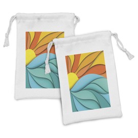 Lunarable Sun Fabric Pouch Set of 2, Abstract Sunset and Sunrise Concept Ocean Sea Waves Backdrop, Small Drawstring Bag for Toiletries Masks and Favors, 9" x 6", Turquoise Orange
