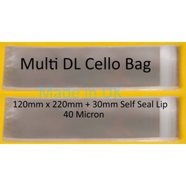 celloexpress Multi DL Card - 120mm x 220mm Plus 40mm Self Seal Flap - 30 Micron Cellophane Clear Display Bags for Holding up to 10 DL Cards & Envelopes - Medium Cello - Pack of 50