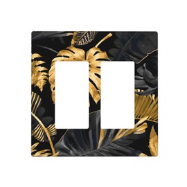 Gray Gold Tropical Leaves Light Switch Cover 2-Gang Double Rocker Wall Plate Black Outlet Covers Country Wood Decorative Electrical Faceplate for Bathroom Kitchen Bedroom Home Decor,4.5 x 4.6 Inch