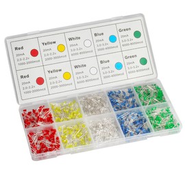 DiCUNO 1000pcs 3mm LED Light Emitting Diodes 2pin Diffused Round Assorted Color Red/Blue/Yellow/White/Green Kit Box, Head Color: Colored (5 Colors x 200pcs)