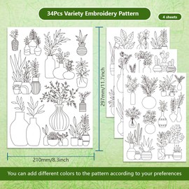 BENECREAT 4 Sheets 34 Pcs Vase Water Soluble Embroidery Pattern, Flower Stick and Stitch Embroidery Paper Wash Away Designs, Embroidery Starter for Beginners DIY Craft, Sewing Embroidery