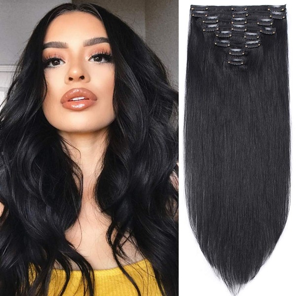 s-noilite Clip in Human Hair Extensions 100% Real Remy Thick True Double Weft Full Head 8 Pieces 18 clips Straight silky (16 inch - 130g,Jet Black (#1))