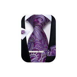 DiBanGu Men Purple Paisley Ties,Silk Wedding Gift Necktie with Pocket Suqare Cufflinks Tie Clip Set for Party Business Formal