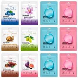 VIABEAUTY 12 Pack of Snail Mucin Mask Collagen Face Mask with Ceramides & Hyaluronic Acid Facial Sheet Mask - Rejuvenating, Deep Hydrating & Moisturizing Face Masks Skincare for All Skin Types