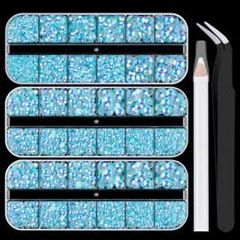 5000PCS Resin Rhinestones with Tweezers for Crafting, 2/3/4/5/6mm Flatback Jelly Rhinestones, 3 Box Lake Blue AB Non Hotfix Crystal Gems for DIY Crafts Mugs Tumblers Clothes Makeup Nail