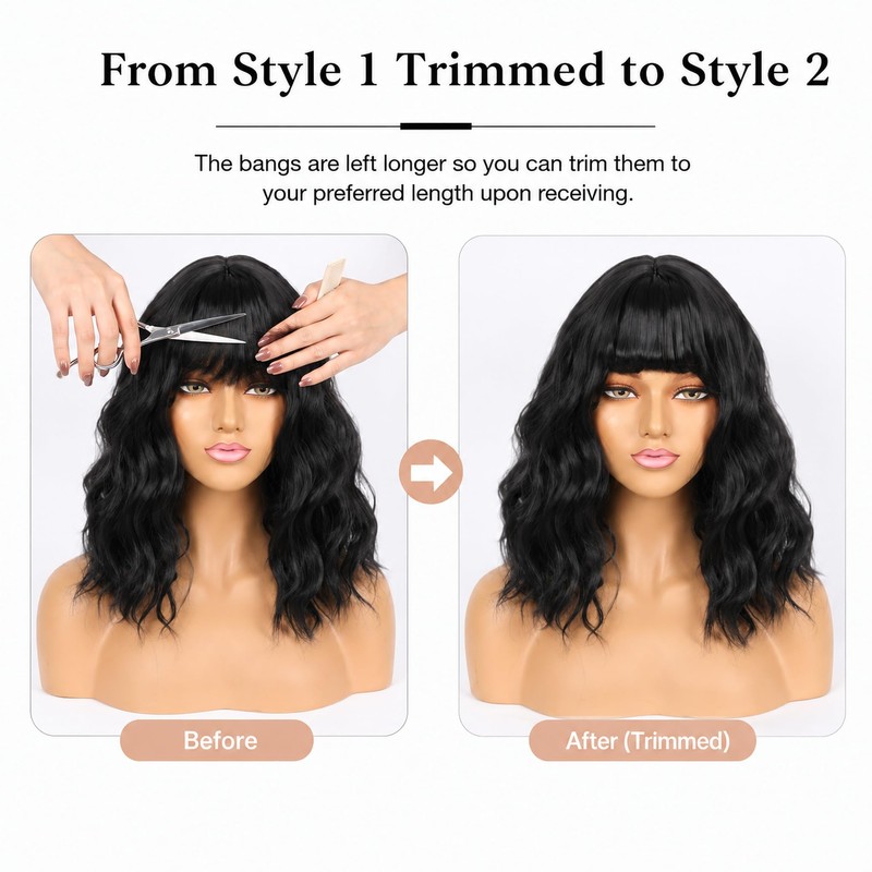 Black Short Bob Wavy Wig with Bangs for Women 14inch