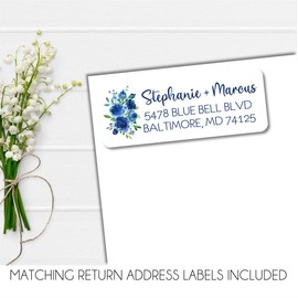 Bright Blue Floral Baby Shower By Mail Invitations, Virtual Baby Shower Invitation Card Sets With Matching Return Address Labels, Far Away Baby Shower Invitations For Boys