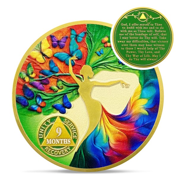 Artsy Nine Month Sobriety Coin - Colorful Butterfly Tree of
