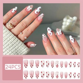 Cute Strawberry Press on Nails Medium Almond French Tip Fake Nails Acrylic White & Pink False Nails 3D Bow Stick on Nails with Pearl Designs Artificial Full Cover Glue on Nails for Women Girls 24Pcs