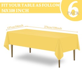XHDA 6 Pack Yellow Party Table Cloth 54" x 108", Plastic Table Cloth Wipeable, Rectangular Waterproof Party Tablecloth for Kids Party Birthday Festive Party (Yellow)