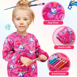 WERNNSAI Unicorn Art Smock for Kids- Kids Aprons for Girls Waterproof Toddler Art Smock Painting with Long Sleeve and 3 Pockets Little Girls Painting Eating Cooking Baking Gardening Water Play Apron