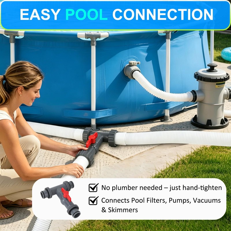 Pool Hose Connector with Shut-Off Valve, 1.5"to 1.5" T-Joint
