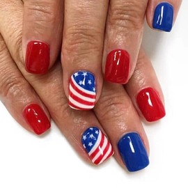 Independence Nails Press ons Square Short Press on Nails 4th of July Fake Nails Red Blue Glue on Nails White Lines Stars Design Acrylic Nails Glossy July 4th False Nails for Women 24Pcs